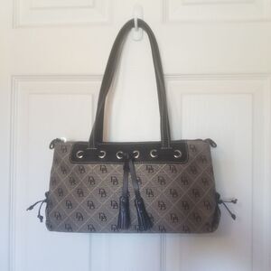 Dooney & Bourke Brown Signature Jacquard Canvas Black Tassel Shoulder Bag Purse